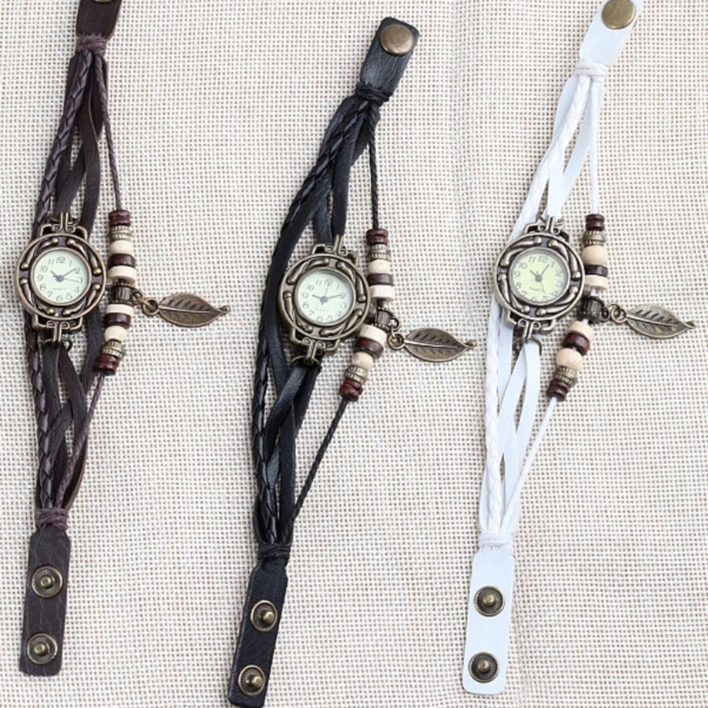 Leather Vintage Quartz Layered Bracelet Watch - Picture 2 of 5